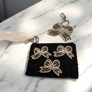 NEW Rachel Zoe Elegant 2 Piece Beaded Black&White Silver Bow Coin Purse & Charm